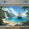 2D Plane Tropical Beach Pirate Ship Waterfall Background Fabric  Indoor and Outdoor Home Decoration Party Use