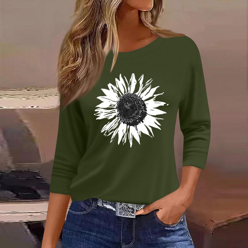 Dámská móda ležérní tričko s kulatým výstřihem, 3/4 rukávem, volným potištěným tričkem, dámský top