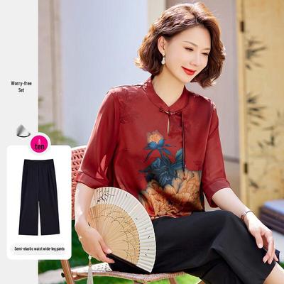 Pasten Women's New Chinese Style Summer Print Top & Pants Set