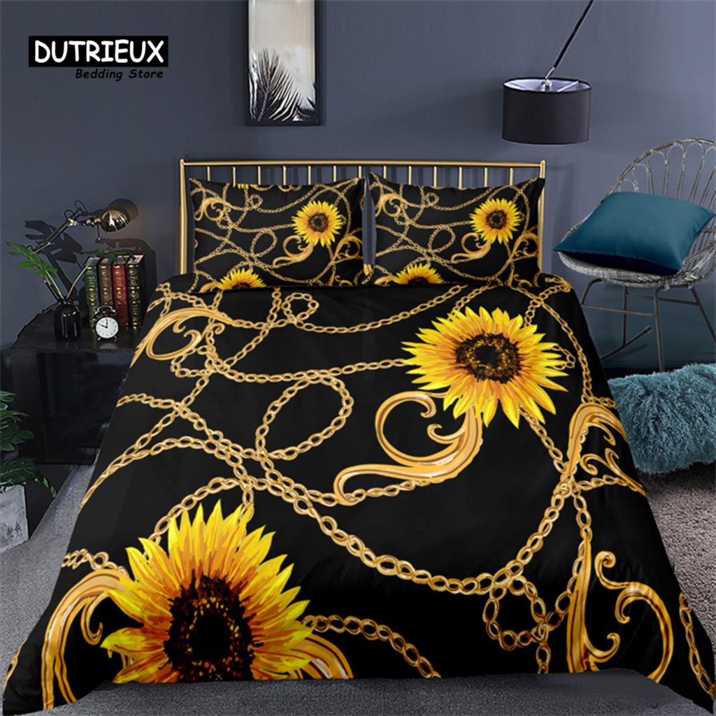 Luxury 3D Chain Sunflower Print Home Living Comfortable Duvet Cover Set Kids Bedding Set Queen and King EU/US/AU/UK Size