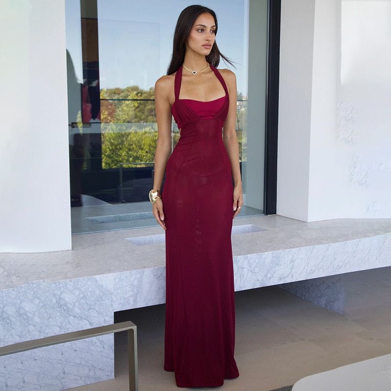 

Fall 2024 New Arrival European and American Women s Clothing Sexy Backless Waist Trimming Silm Fishtail Gown Elegant Fancy Dress Red L