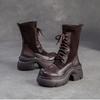 Johnature Genuine Leather Splicing Stretch Fabric Thick Soled Mid-calf Boots Versatile Women's Platform Boots