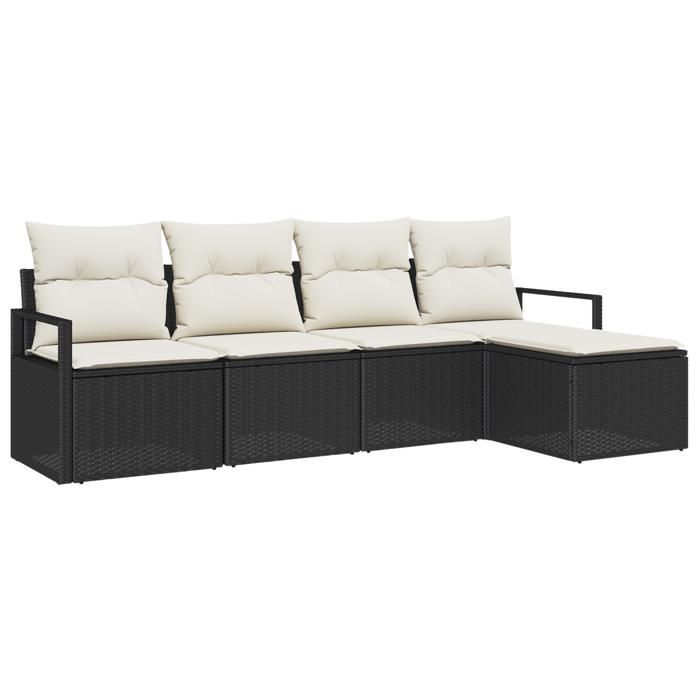 Ensemble de canapé de jardin 5 pièces avec coussins Noir Poly Rattan, Canapé de jardin 2 places avec rangement et coussins 3355006
