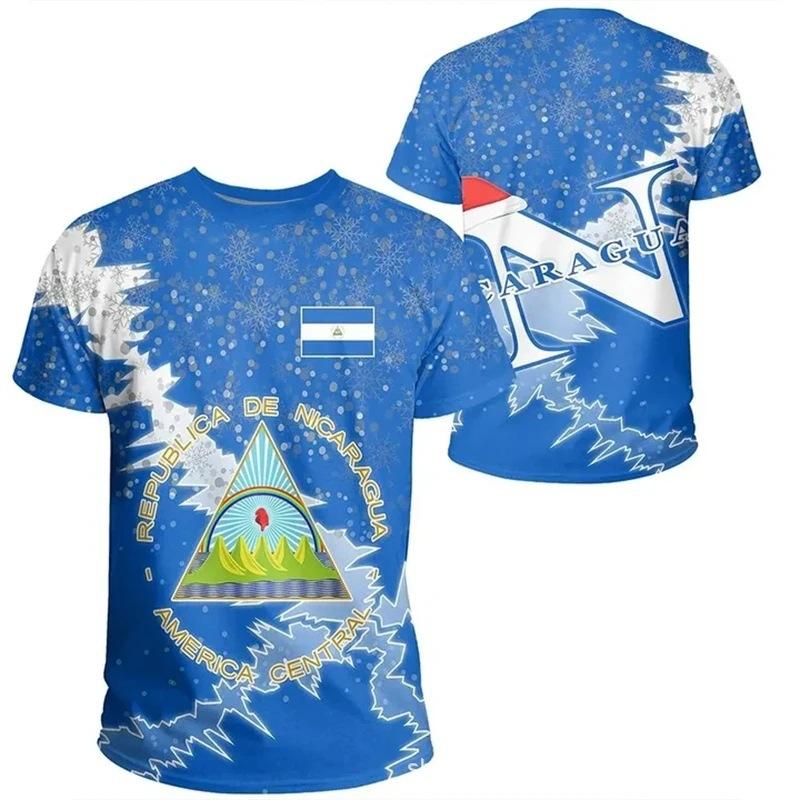 Nicaragua Themed Short Sleeve T-shirt with Tribal Pattern, National Emblem & Palm Tree Print