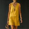 Summer Women Solid 2 Piece Set Casual Sleeveless Linen Cotton Top Vest Shorts Suit Outfit