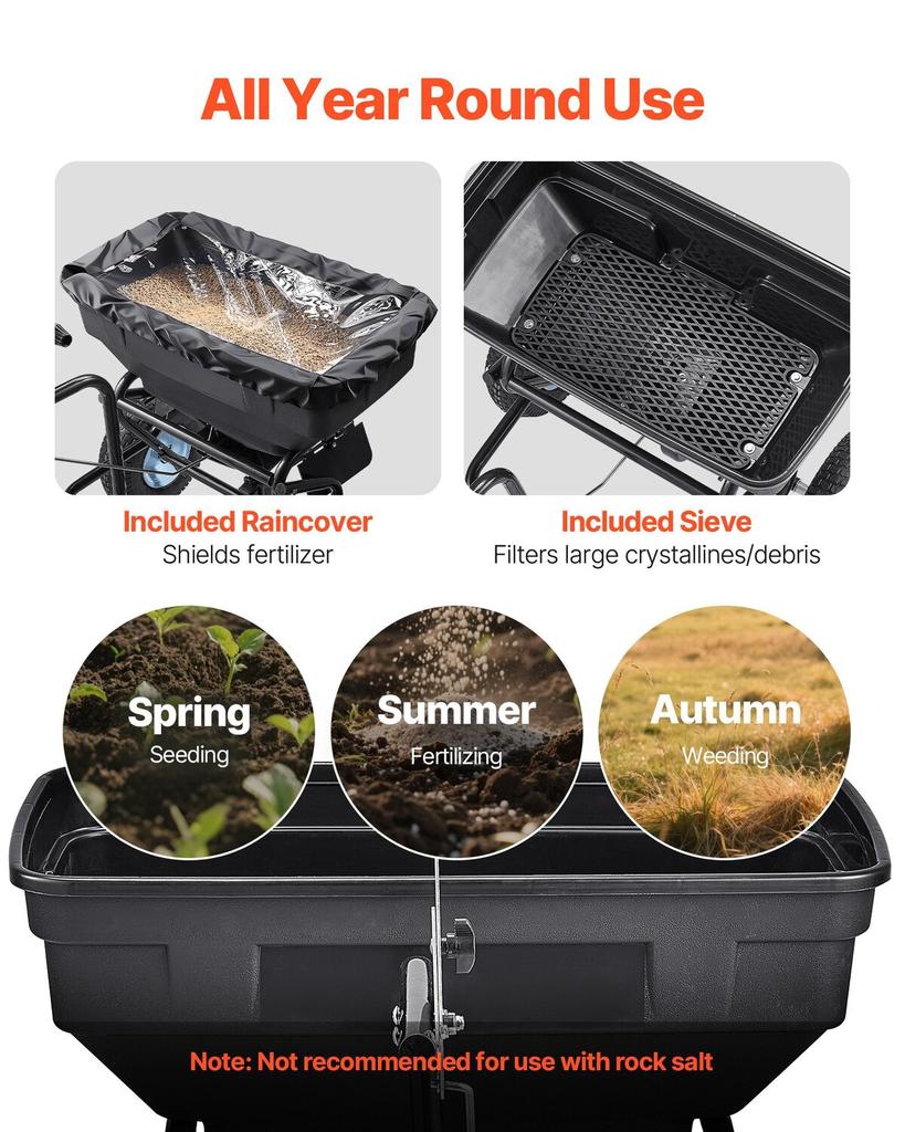 Tow Behind Broadcast Spreader, 130LBS Capacity, Tow/Push Garden Spreader with 13 In Tires, 30 Adjustable Setting & 9.8 Ft Spreading Width, Lawn