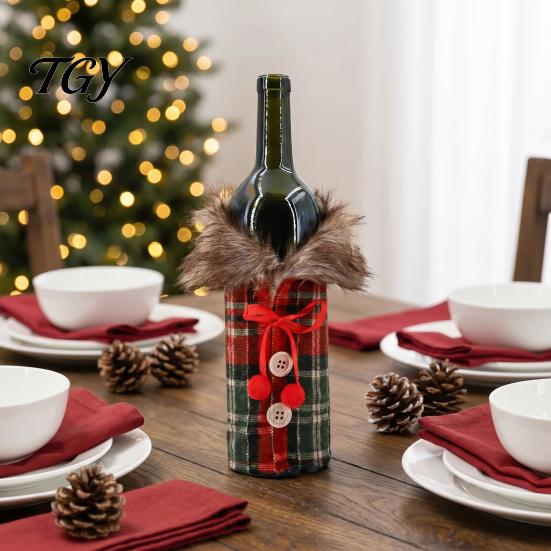 Herringbone Tweed Wine Sleeves Christmas Sweater Bottle Cover, Faux Fur Collar And Button Festive Cover for Home Coat Design Plaid Clothes Party