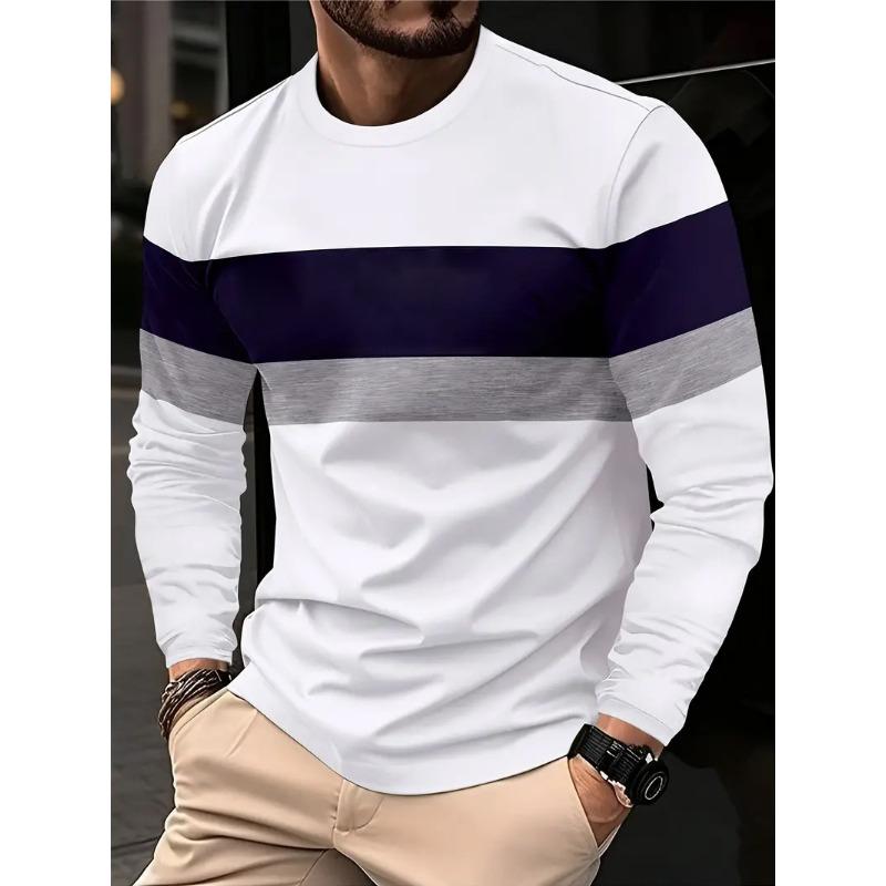 Round Neck 3D Stripe Printed Top Casual Long Sleeved Men's T-shirts - Soft Medium Stretch Polyester Fabric Spring and Autumn Relaxed Fit Clothing