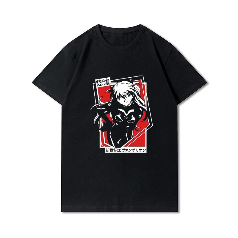 Pánská trička s potiskem Evangelion nadměrných velikostí Bavlněné topy Letní Anime Neformální Černá trička