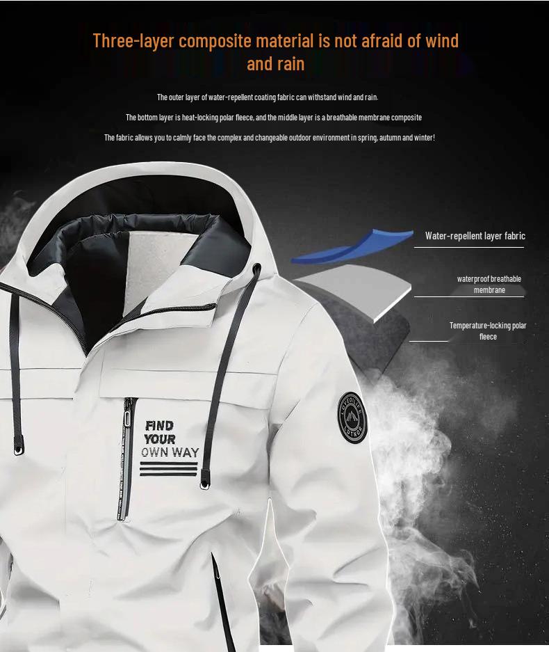 Men's Outdoor Windbreaker Jacket - Fleece Lined Hooded Coat for Autumn/Winter, Solid Color