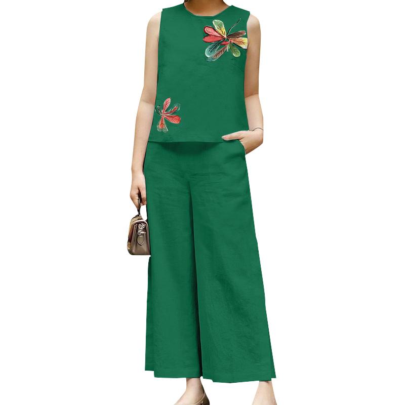 

ZANZEA Літні комплекти з двох предметів: безрукавки з квітковим принтом і широкі штани 2XL зелений