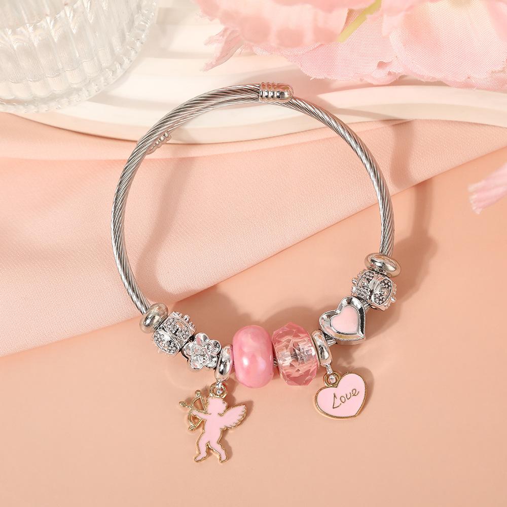 Cute Cartoon Bear Angel Heart Beaded Bracelet Stainless Steel Valentine Gift for Her Girlfriend Women