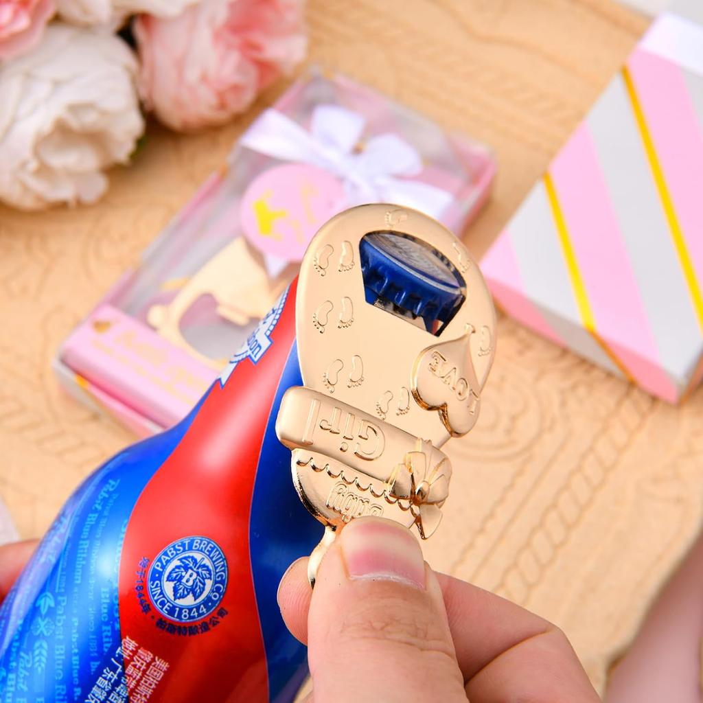 24 Pcs Baby Bottle Opener, Popping Girl Bear Footprint Keychain Bottle Openers with Pink Gift Box, Baby Shower Party Favors for Guests, Wedding