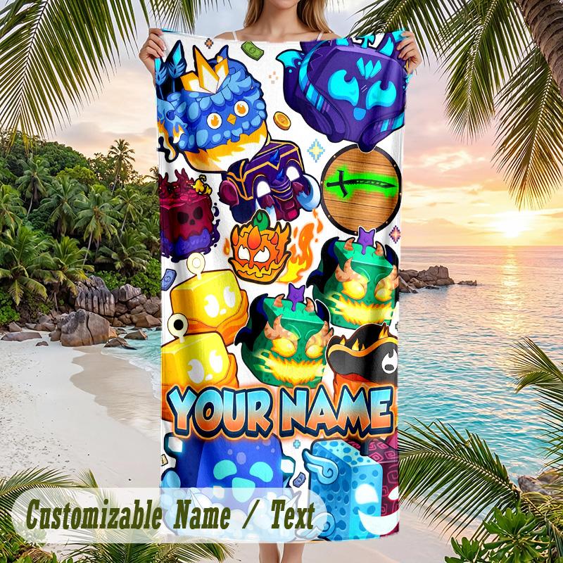 Blox Fruits Beach Towel, Personalized Custom Text, Quick Dry Soft Large Towel For Swimming Pool Travel