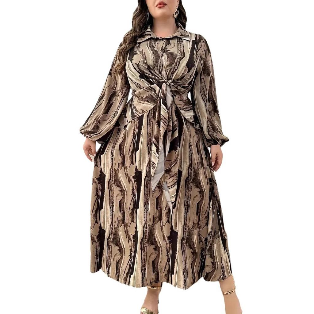 Damenkleid mit Taillenbindung, Übergröße, bedruckte Kleider