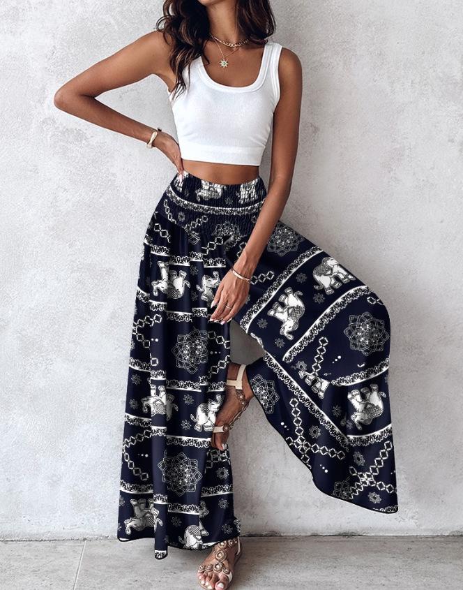 2024 Retro Floral Print Waist-Cinching Wide-Leg Pants for European and American Women