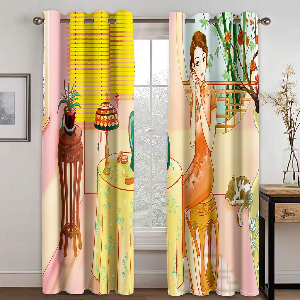 Chinese Shanghai City Girl Cheongsam Opera Window Curtains Kids Bedroom Living Room Hall Treatments Kitchen Decor Drape Blinds