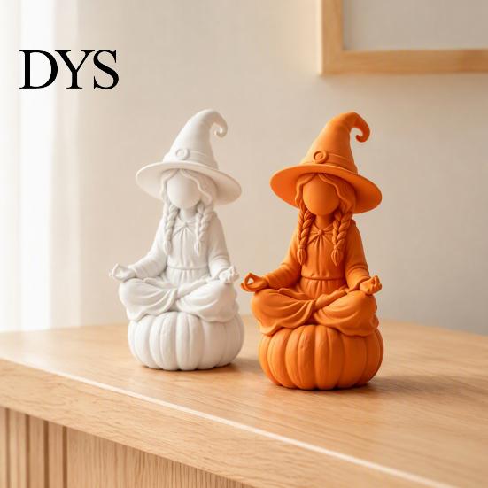 DIY Hand Painted Crafts 3D Printed Meditating Witch Figurine on Pumpkin Base, Minimalist Nordic Style Desk Decorations Halloween Autumn Desktop