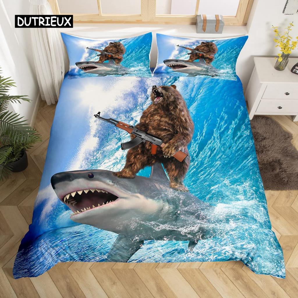 Shark Duvet Cover Set Deep Sea Animal Bedding Set Cartoon Ocean Sharks Colourful Hand Drawn Comforter Cover For Kids Boys Girls