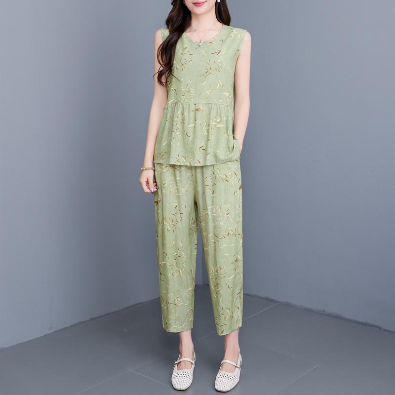 Plus Size Elegant 2 Piece Sets Women Summer Clothes Vintage Loose Print Pants Sets