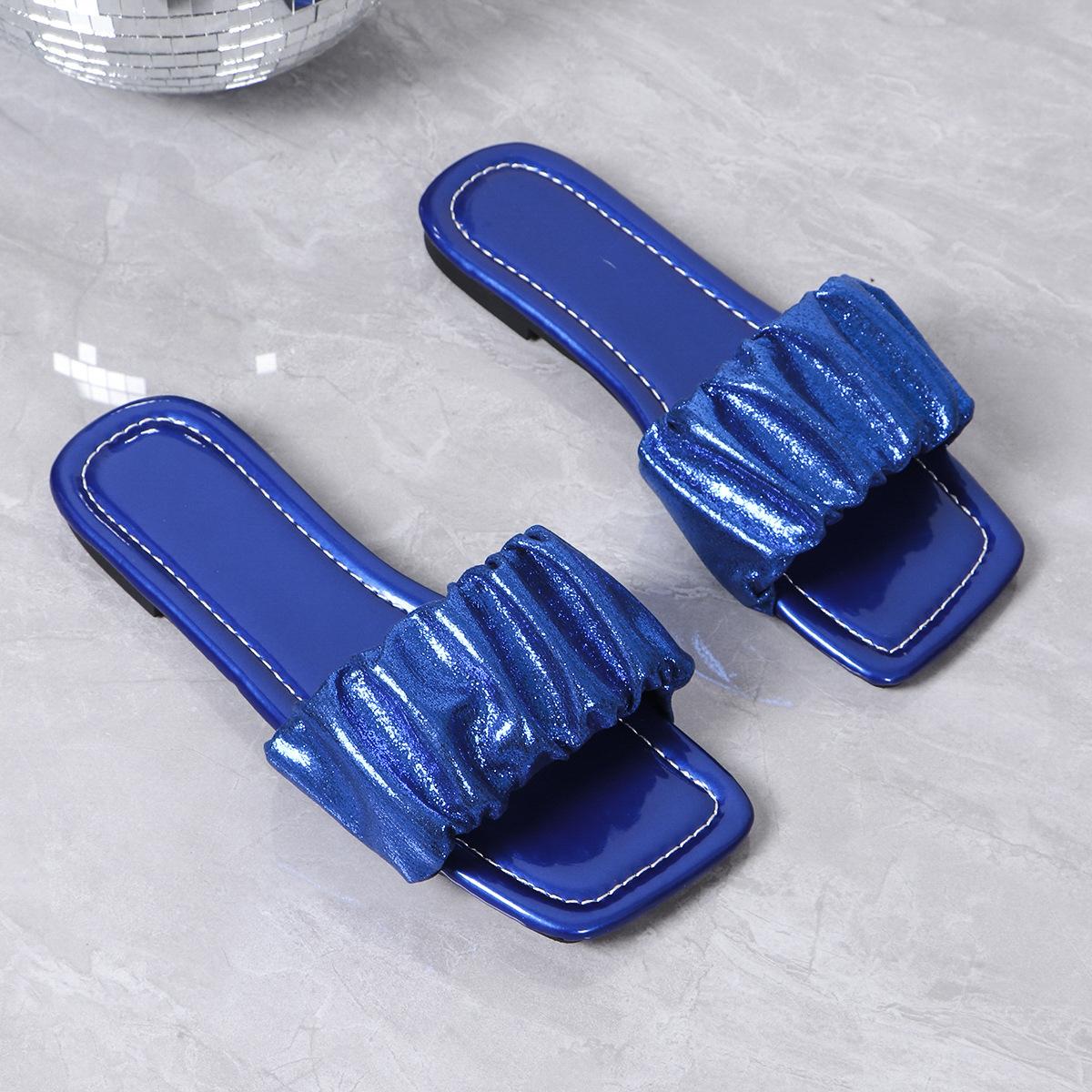 

Летние тапочки для женщин, плиссированные шлепанцы, балетки, 2024, новые корейские тапочки, женские сандалии, зеленые туфли без застежек, большой размер 36-43 43 темно-синий