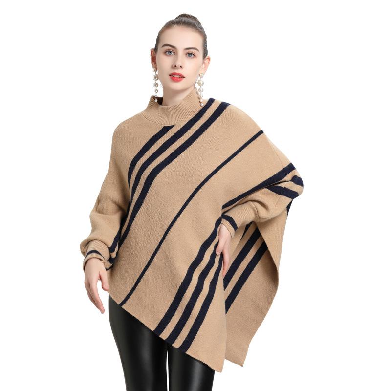 Irregular Striped Semi-Turtleneck Bat Sleeve Pullover Knitted Sweater Cape Female 0950 #