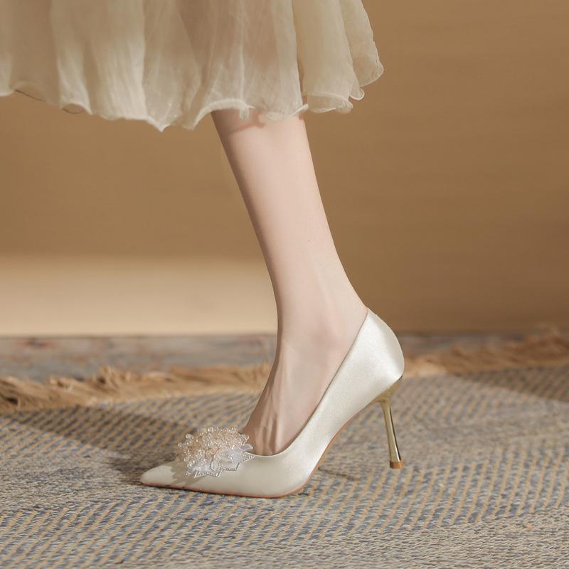 Women's Shoes Wedding High Heels Not Tired Feet Silk Sequined Flower Shoes Stiletto Women's Shoes Versatile Pointed Single Shoes