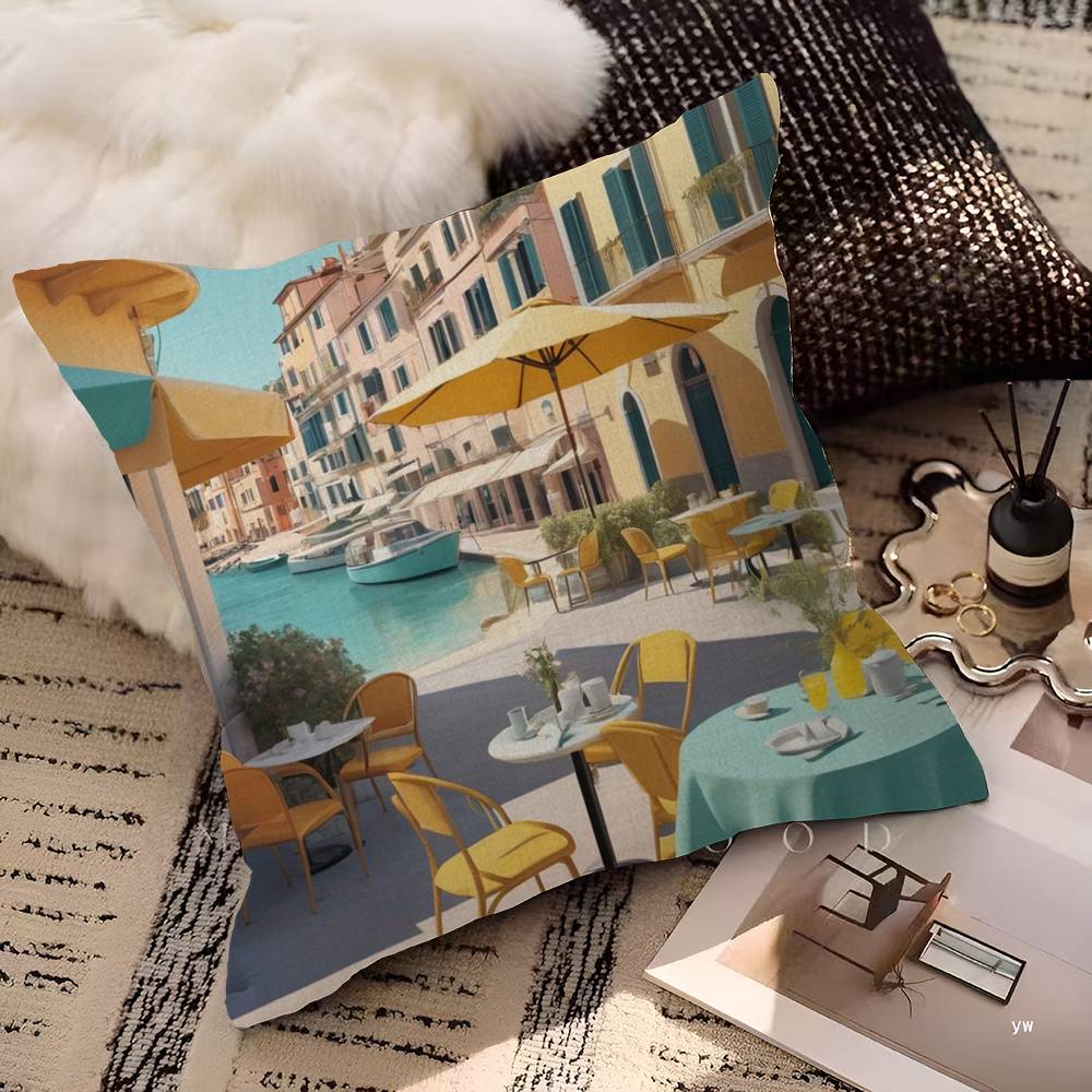 Coffee Shop City Bakery Illustration Decorative Room Aesthetics Pillow Case Home Decor Bedroom Sofa Bed Couch Pillow Cover 45x45