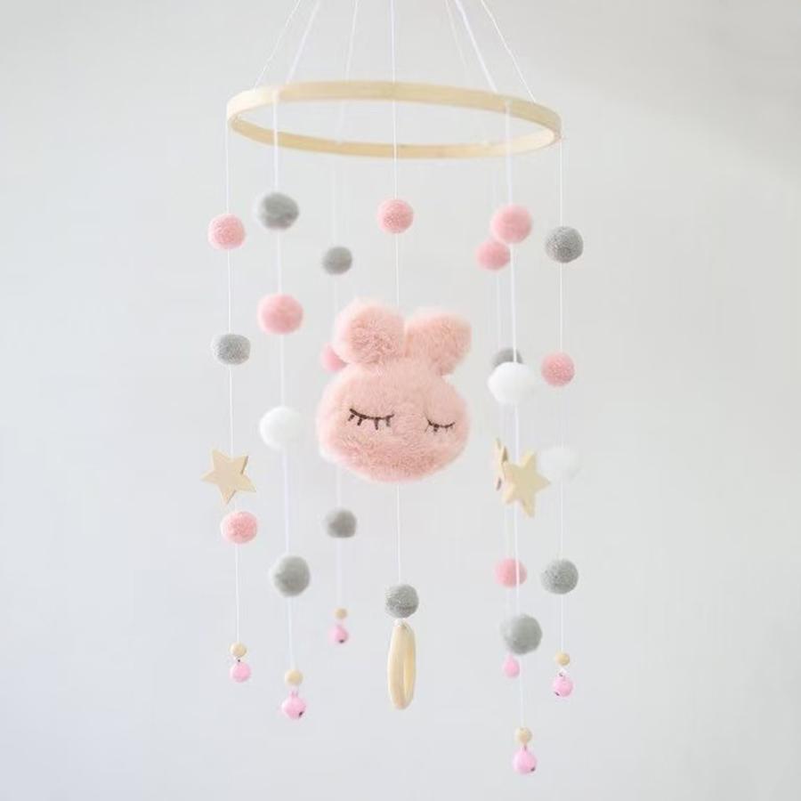 Wooden Crib Mobile Baby Bed Bell Rattle Toy Soft Felt Cartoon Bear Mobile bracket Newborn Music Box Bed Bell Hanging Bracket Toy