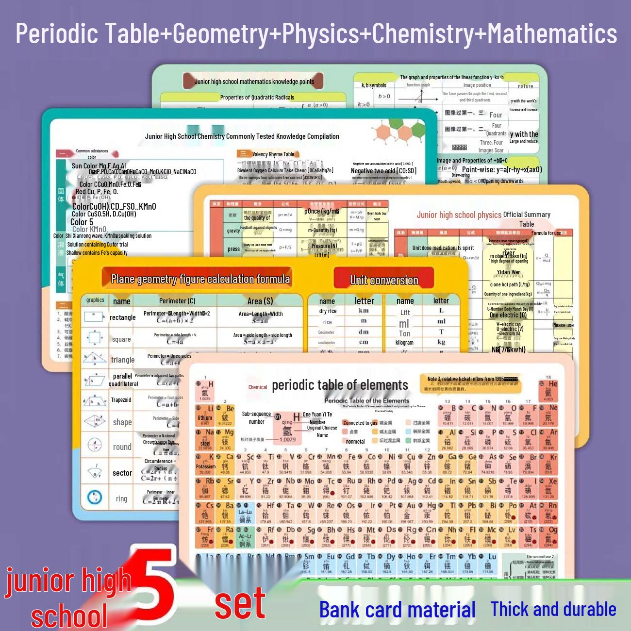 Complete Junior High School Math, Physics, and Chemistry Cards Set: Elements, Formulas, and Equations - Fast Shipping Available