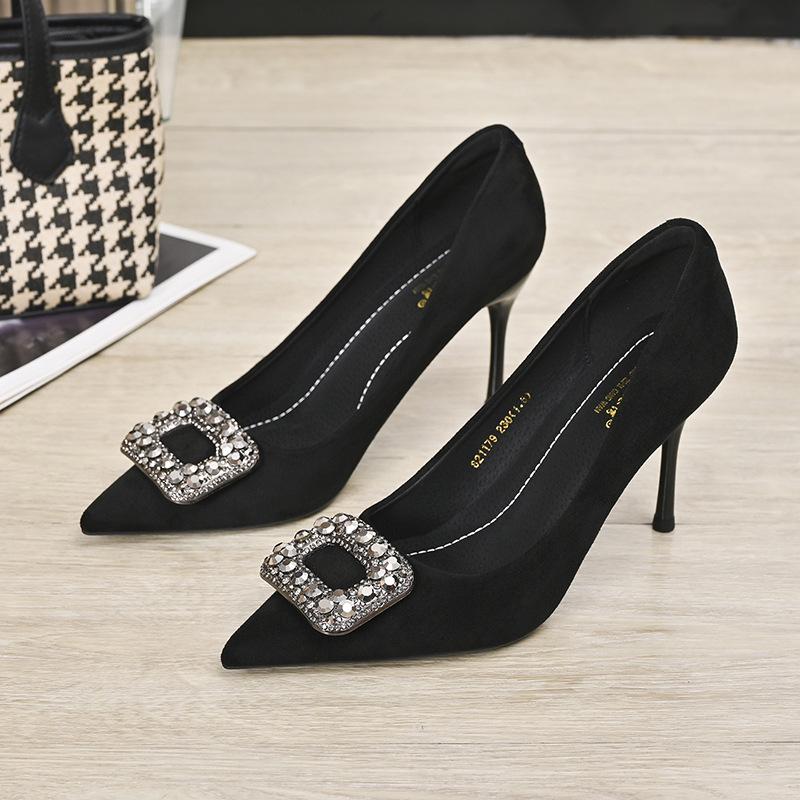 

Черные туфли-стилеты на высоком каблуке с квадратной пряжкой из страз - Женская удобная весенняя обувь 40
