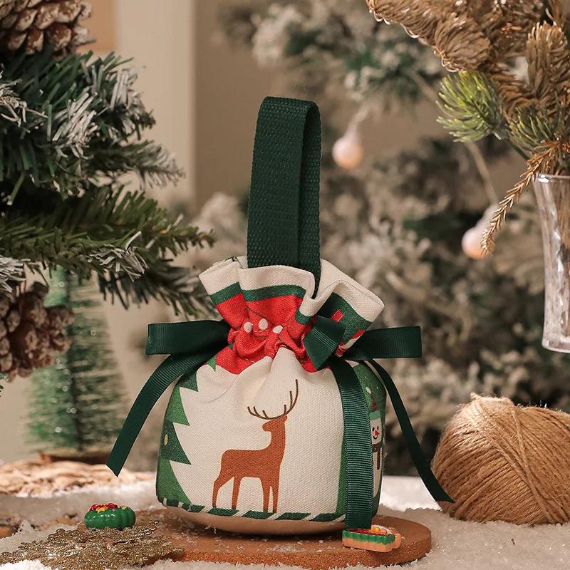 Handheld Christmas Eve Apples Gift Box Portable Canvas Christmas Gift Apples Candy Drawstring Bag for Christmas New Year Party