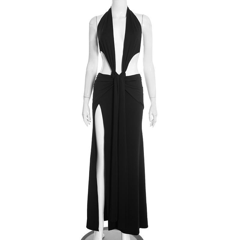 European & American Women's Spring Halter Sleeveless Deep V Backless Ribbon Long Dress