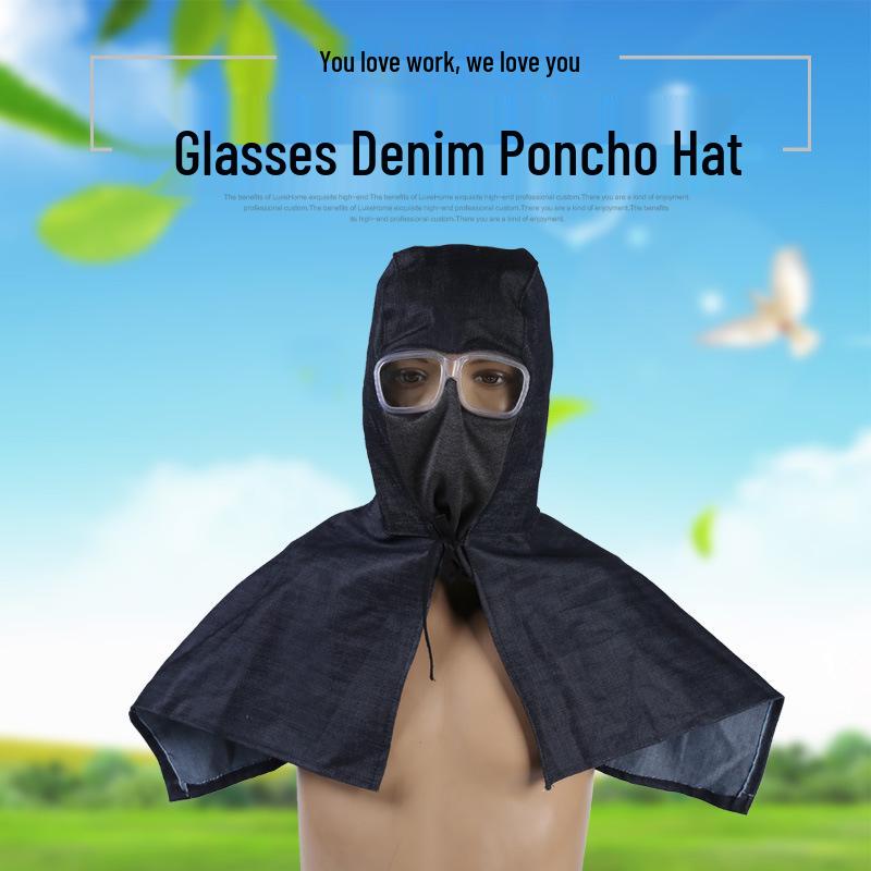 Unisex Dustproof Hood: Denim Hat with Goggles & Brim for Labor Protection Goggles Denim Shawl Hat