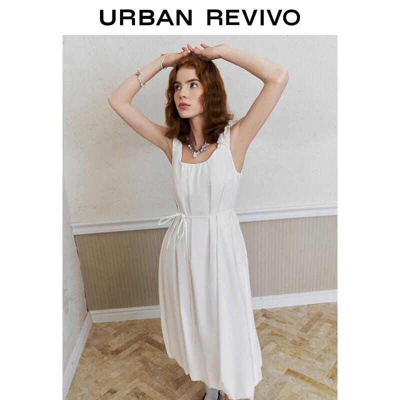 UR2026 Women's Summer Pleated Tie-Waist Cotton Midi Dress