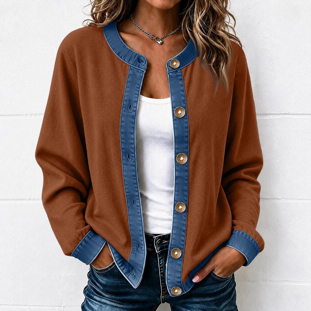 Camicia da donna a blocchi di colore in denim a maniche lunghe con bottoni per autunno inverno