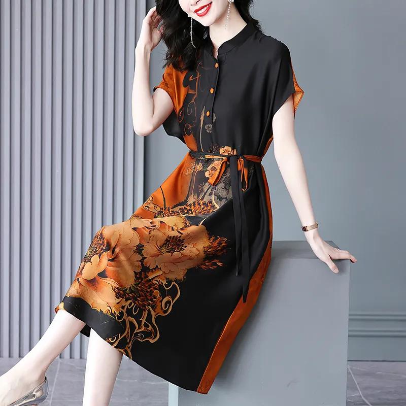 

Женское повседневное платье-миди с черным и оранжевым цветочным принтом, с воротником-стойкой и поясом M оранжевый