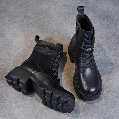 Echtes Leder Damenstiefel Leichte Weiche Sohle 2024 Neue Vintage Kurze Stiefel Plateau Schuhe Rindsleder Schuhe für Damen