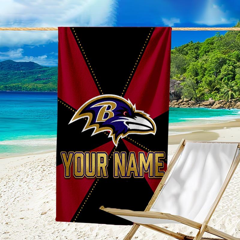 Custom Name Beach Towel Ravens Team Spirit Beach Towel, Soft Microfiber, Gift for Her/Him, Birthday, for Pool, Beach, Travel, Fan Gifts