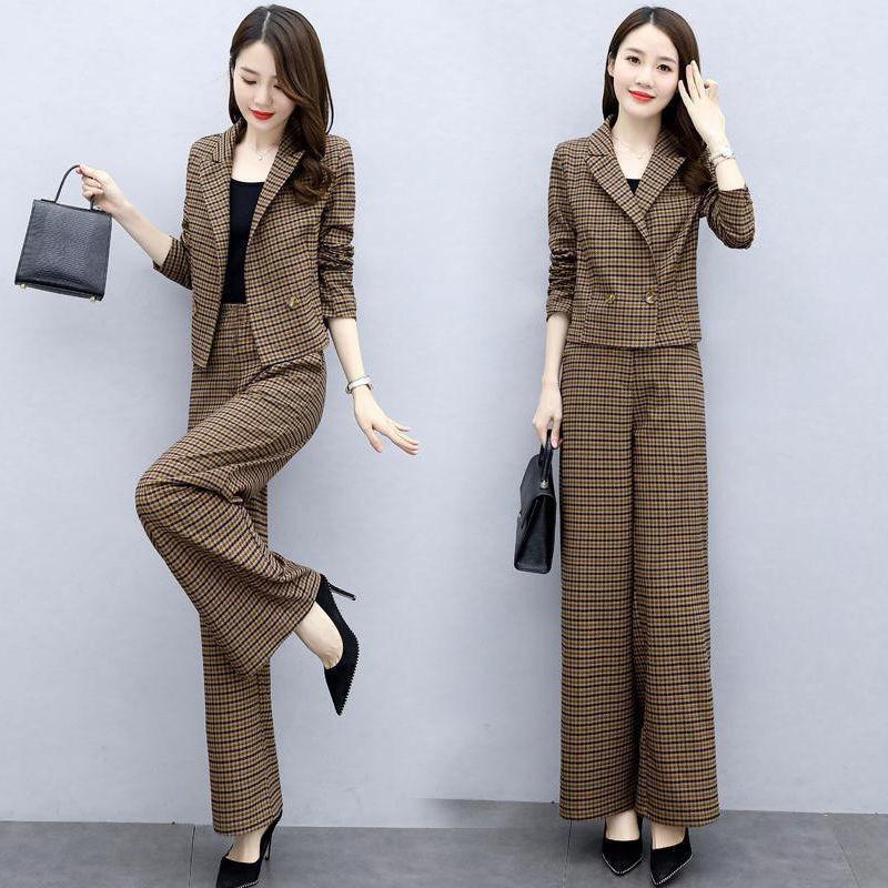 Korean Version of The Trousers, Fashion Temperament, Western Style Plaid Wide-leg Pants, Two-piece Suit for Women