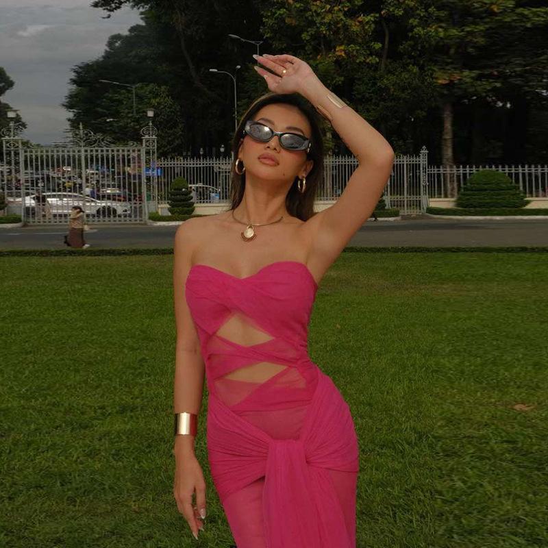 Spring New Women's Fashion Sexy Tube Top One-shoulder Perspective Strappy Slim Dress for Women