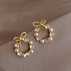 Gold Plated Bow Circle Stud Earrings With Faux Pearl Shiny Cubic Zirconia For Wedding Date Daily Wear