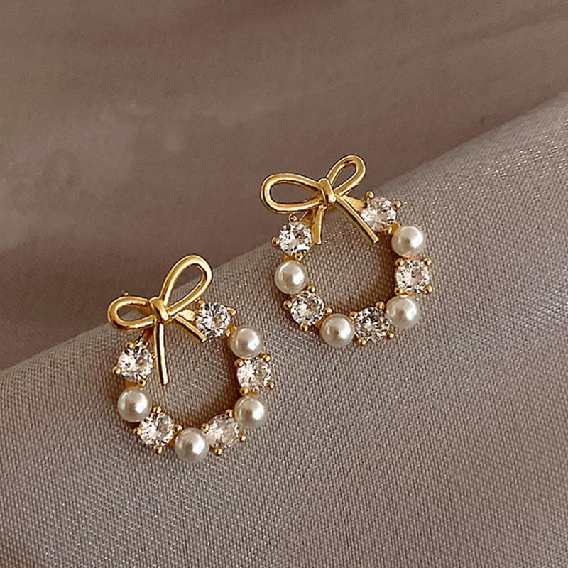 Gold Plated Bow Circle Stud Earrings With Faux Pearl Shiny Cubic Zirconia For Wedding Date Daily Wear