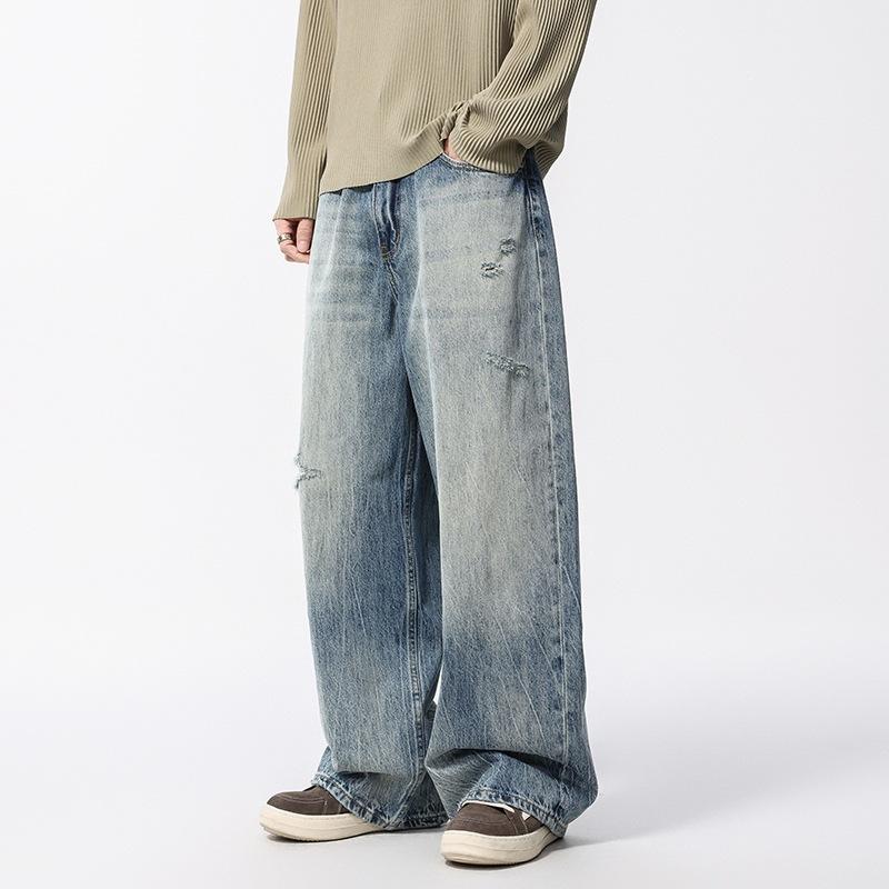 New Retro Gradual Change Color Ripped Flower Wide Leg Jeans, Men's Casual Loose Drape Trousers