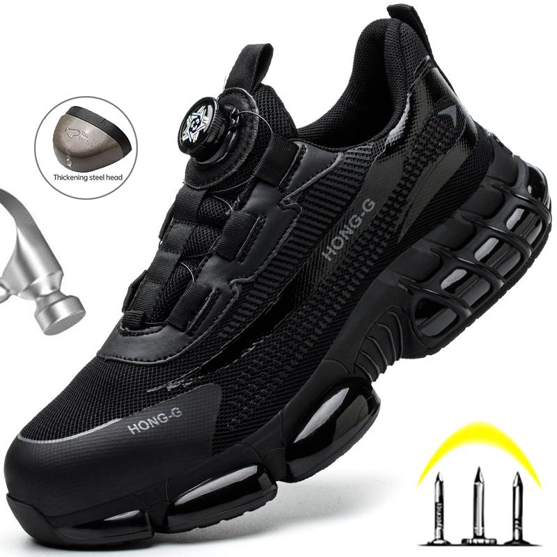 Scarpe da lavoro con bottoni rotanti da uomo, scarpe con punta in acciaio, stivali di sicurezza, scarpe da lavoro antiforatura, scarpe protettive alla moda indistruttibili