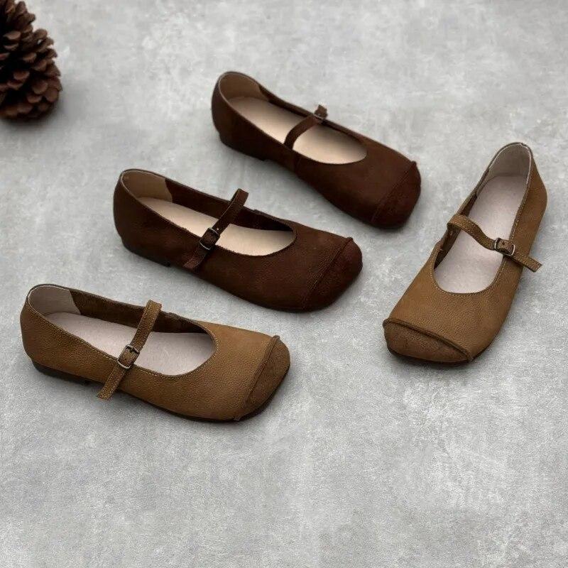 Johnature Echtes Leder quadratische Zehen Schnalle Riemen Frauen flache Schuhe handgefertigte einfarbig weiche Sohle Schuhe