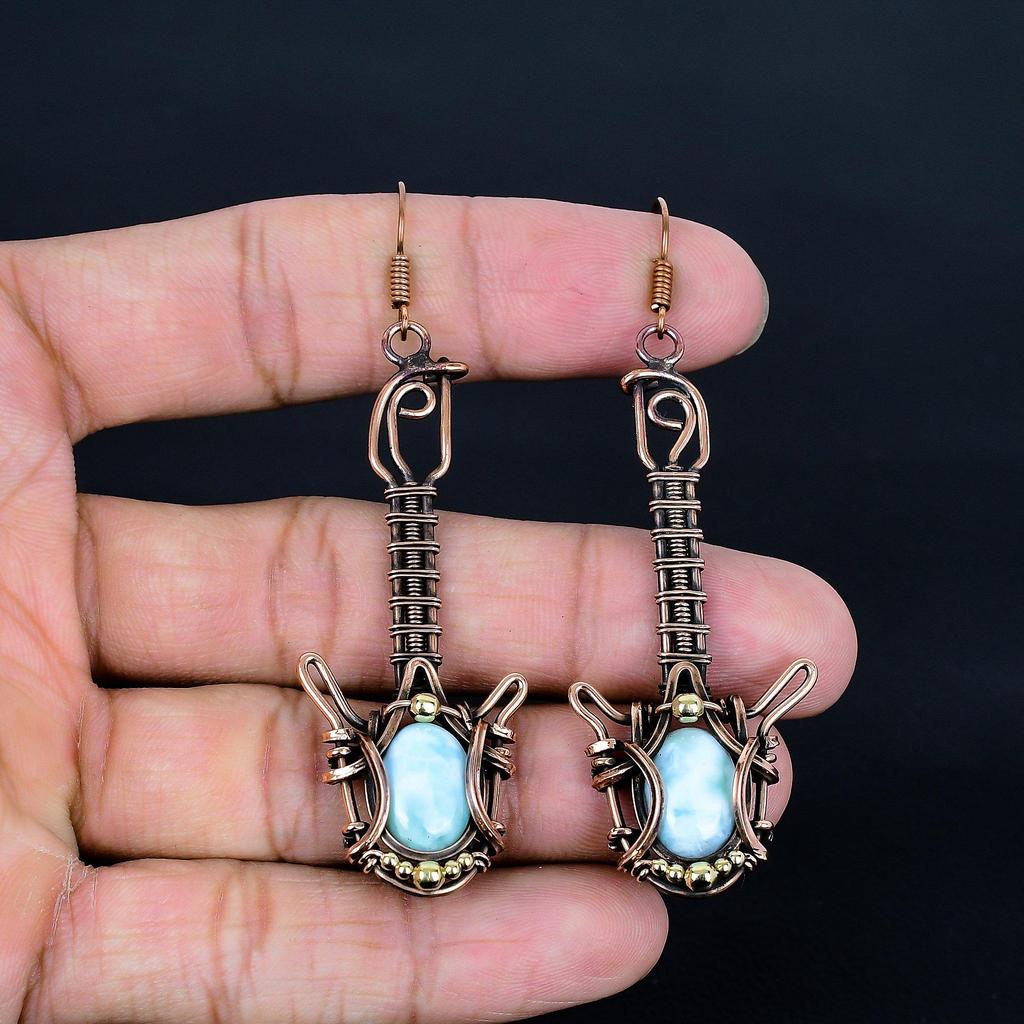 Larimar Earrings, 999 Copper Wire Wrapped Jewelry, Gemstone Earrings, Gift For Her Handmade Dainty Jewelry