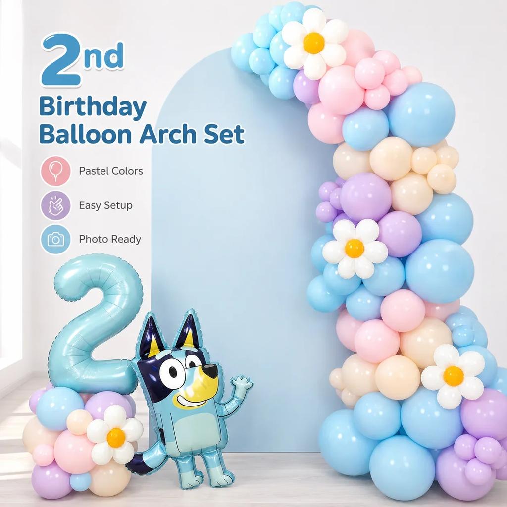 Bluey Pastel 2nd Birthday Balloon Arch Set Number 2 Foil Balloon Blue Dog Flower Garland Kids Party Decor Photo Backdrop Kit Set