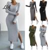 Rundhalskleid Damen Strickkleid, Langarm Pullover Winterkleidung Einfarbige Dehnbar Geschlitzt Bodycon für Herbst