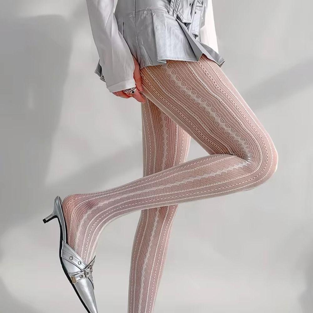 Sexy Hollowed Fishnet Pantyhose Elastic Breathable Mesh Stockings Striped Fishnet Stockings JK Style